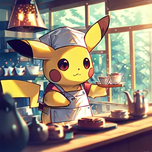 casting a warm glow over the scene., warm kitchen. Pikachu is wearing a chefs hat with a Poké Ball emblem and a white apron, holding a small cup with both hands., giving it a cute, dressed in a chefs attire: a white chefs hat and a white apron. Pikachus br...