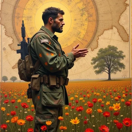 which holds various pouches and equipment., flower field, map This is a highly detailed, realistic painting, star-like patterns. The soldier is dressed in a military uniform consisting of a camouflage jacket and pants in shades of green and brown, facing l...