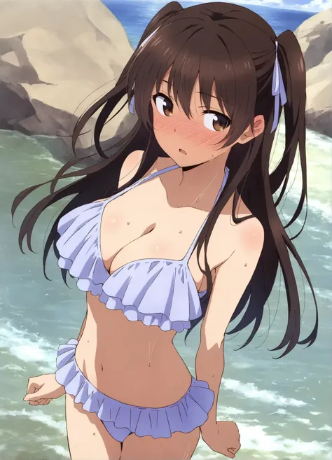 anime girl in a bikini standing in the water