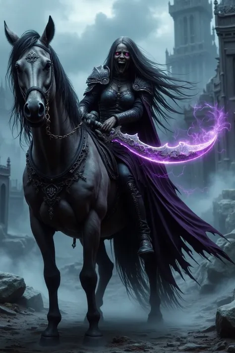 style warcraft undead, style wu, cinematic, dramatic lighting,  full body shot,  an undead forsaken zombie female knight, laughing, shadow play lighting, standing next to her undead horse with her purple runed blade out in the outskirts of the city , evil ...