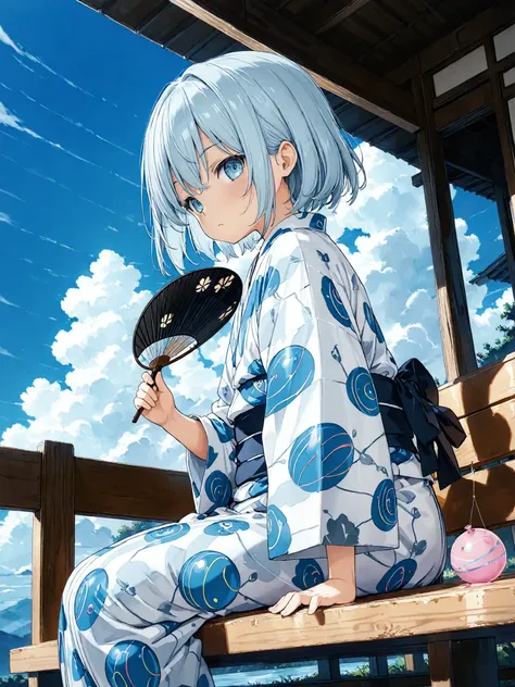 (1boy:1.5), (short hair), holding japanese fan, 
(yukata, light blue water balloon printed, monochrome), sitting on bench, from side,
looking at viewer,
in outdoor, blue sky, cloud
masterpiece, best quality, very aesthetic, absurdres, latest
<lora:water-ba...