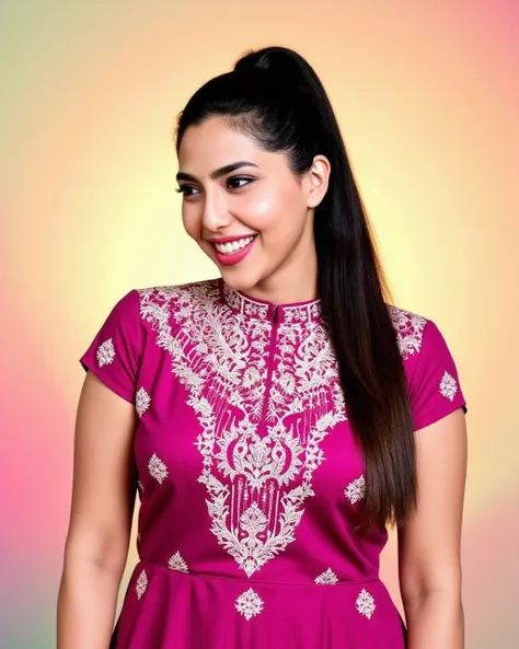 cowboy shot photo aishwarya lekshmi woman,paparazzi photo, laughing face,studio quality, wearing intricate high neck elegant Magenta  Bandhani Dress, high ponytail, darker pastel shaded multicolored background<lora:TestBedAish_Lekshmi_Flux_Kohya_V1-step000...