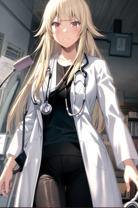 mina_tachibana, (long hair, blonde hair:1.2), blunt bangs, red eyes, (large breasts:1.2), (wide hips:1.2), (black pants:1.3), (lab_coat, white jacket:1.2), (white shirt:1.2), (doctor, stethoscope:1.2), cowboy shot, looking at viewer, front view, indoors, d...