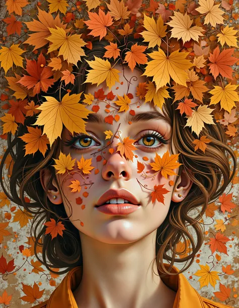 an abstract illustration of a woman's face covered in leaves. <lora:autumncore:0.6> autumncore