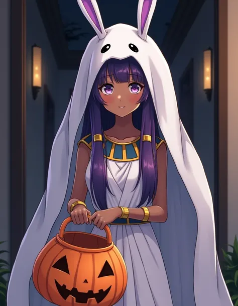 <lora:nitocris-flux-000008:1> nitocris, A detailed digital anime illustration of a (young:1.5) woman with long purple hair and dark skin, wearing an ancient egyptian outfit, standing in the entrance of a house at night. She has a playful expression, and is...