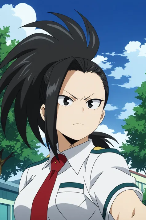  momo yaoyorozu,1girl,solo,breasts,large breasts,ponytail,hair pulled back,shirtu.a. school uniform,scholl uniform,red necktie,necktie,,wide ponytail,long hair BREAK outdoors,blue sky,cityscape,cloud,tree <lora:Momo_Yaoyorozu.safetensors:0.8>