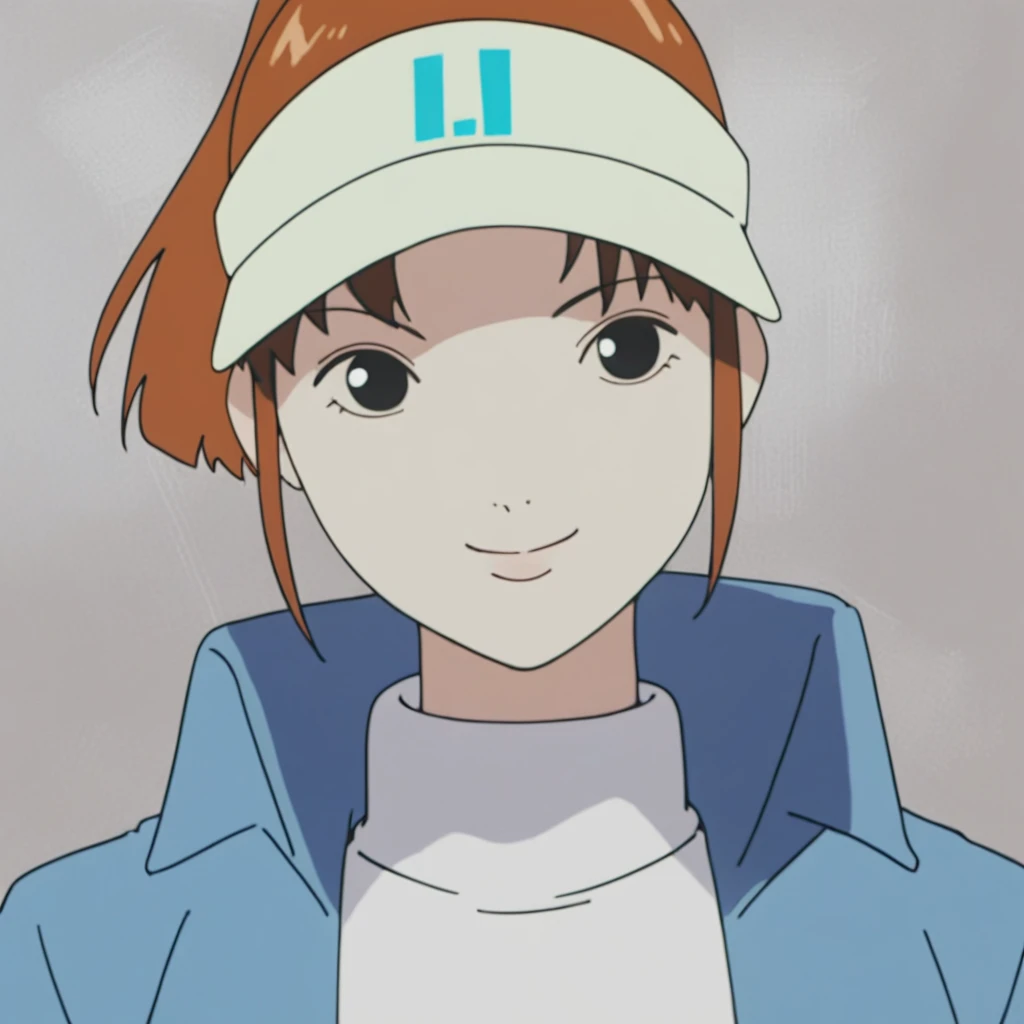 score_9, score_8_up, score_7_up, score_6_up, score_5_up, score_4_up, source_anime BREAK solo, 1girl, brown hair, visor cap, black eyes, ponytail, looking at viewer, smile, short hair, jacket, shirt, blue jacket, turtleneck, upper body