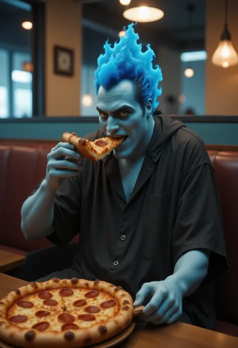 <lora:Hades_Disneys_Hercules_FLUX:0.8>
Photograph of chubby male Hades with blue flame hair and blue skin, wearing greasy clothes, eating pizza in a pizzeria booth