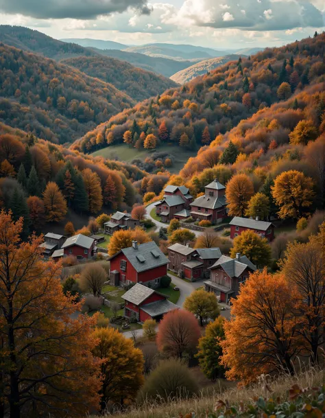 A landscape photo from atop a hill. Overlooking a quaint town nestled in the trees. A dramatic view, cinematic. <lora:autumncore:0.8> autumncore