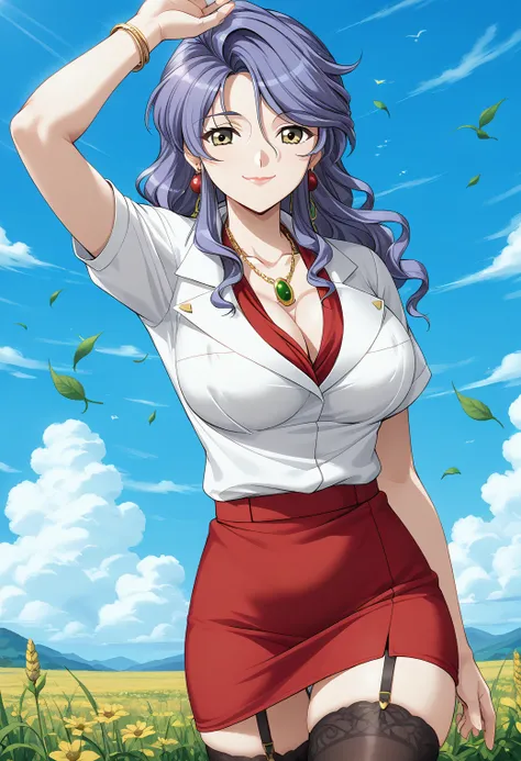 large breasts, (evil smile, closed mouth:1.2), outdoors, open hand,
nonomura_akiko, yellow eyes, purple hair, long hair, mature female, makeup, necklace, jewelry, cleavage, white shirt, short sleeves, red skirt, pencil skirt, black thighhighs, <lora:nonomu...