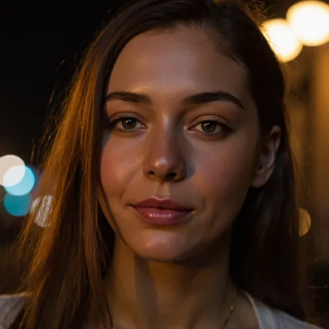 A close-up portrait shot in low evening light using a Sony A7S III, 50mm f/1.4 lens, ISO 800, 1/50s. The camera captures the details of her face, with deep, soft shadows from the side lighting. The expression on her face is introspective, with no bokeh or ...