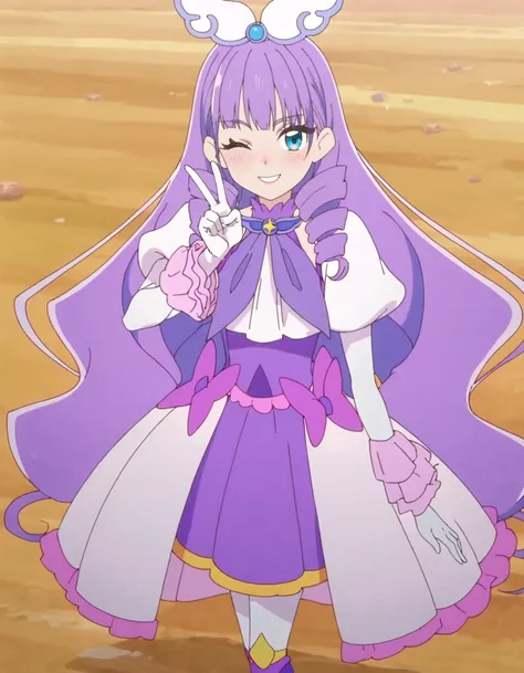 score_9, score_8_up, score_7_up, anime screencap, solo,1girl,long hair, purple hair, very long hair, smile, looking at viewer, white gloves, dress, purple bow, blue eyes, gloves, bow, long sleeves, magical girl, purple dress,  drill hair, bangs, hair ornam...