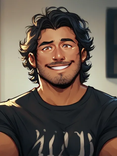 score_9, score_8, portrait of mark_iplier man, bara, smiling, wearing black shirt, black hair, facial hair, brown eyes, cowboy shot, <lora:Markiplier_Youtuber:.8> indoors,