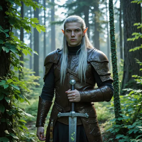 A tall and elegant elven warrior with sharp, piercing green eyes, standing amidst an ancient forest. His long, silver hair cascades over his shoulders, and his intricately carved leather armor gleams in the soft moonlight filtering through the trees. In hi...