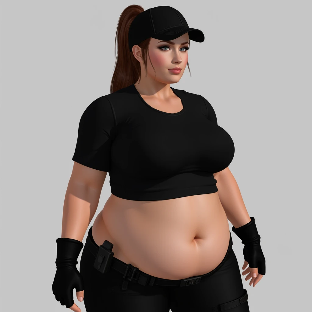 <lora:Ethica_Flux:0.5>, obese ethica, 1 woman, adult, long brown hair, ponytail, tactical outfit, medium breasts, beautiful face, short sleeve black top, midriff, low rise black pants, black tactical belt, black fingerless gloves, black baseball hat