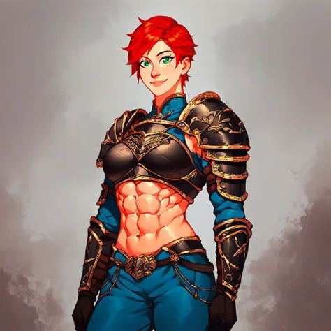 Score_9_up, score_8_up, score_7_up, solo, armor, black gloves, chest armor, breastplate ,green eyes, Blue pants, 1girl, abs, short hair, jewelry, red hair, , full body, smile,