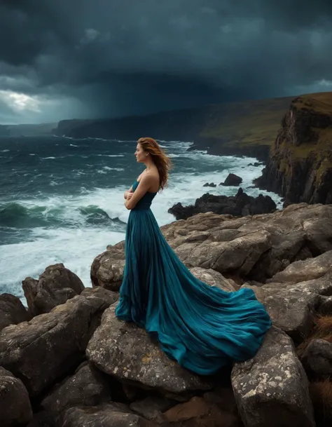 A captivating photo of a young woman standing on a rocky cliff, overlooking a stormy sea. The waves crash violently against the cliffs, and the dark, stormy sky looms overhead. She wears a flowing dress and has her arms crossed, her posture reflecting her ...