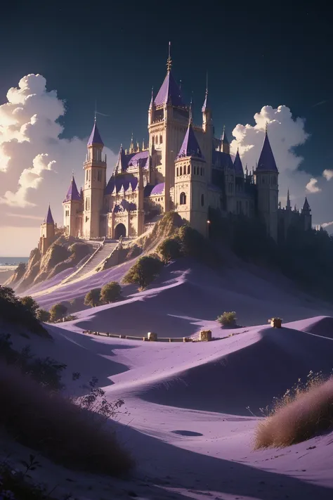 there is a castle on a hill with a sky background