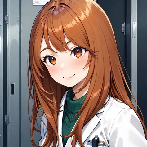 <lora:HyLper-Accelerate-PAseer:1>,newest, incredibly absurdres, absolutely resolution, best quality, very aesthetic, masterpiece, solo, safe,,
 <lora:amakasu_illustXL:1>, amakasu, brown hair,
smile, pen, labcoat,  upper body.
blush, closed mouth, bangs,