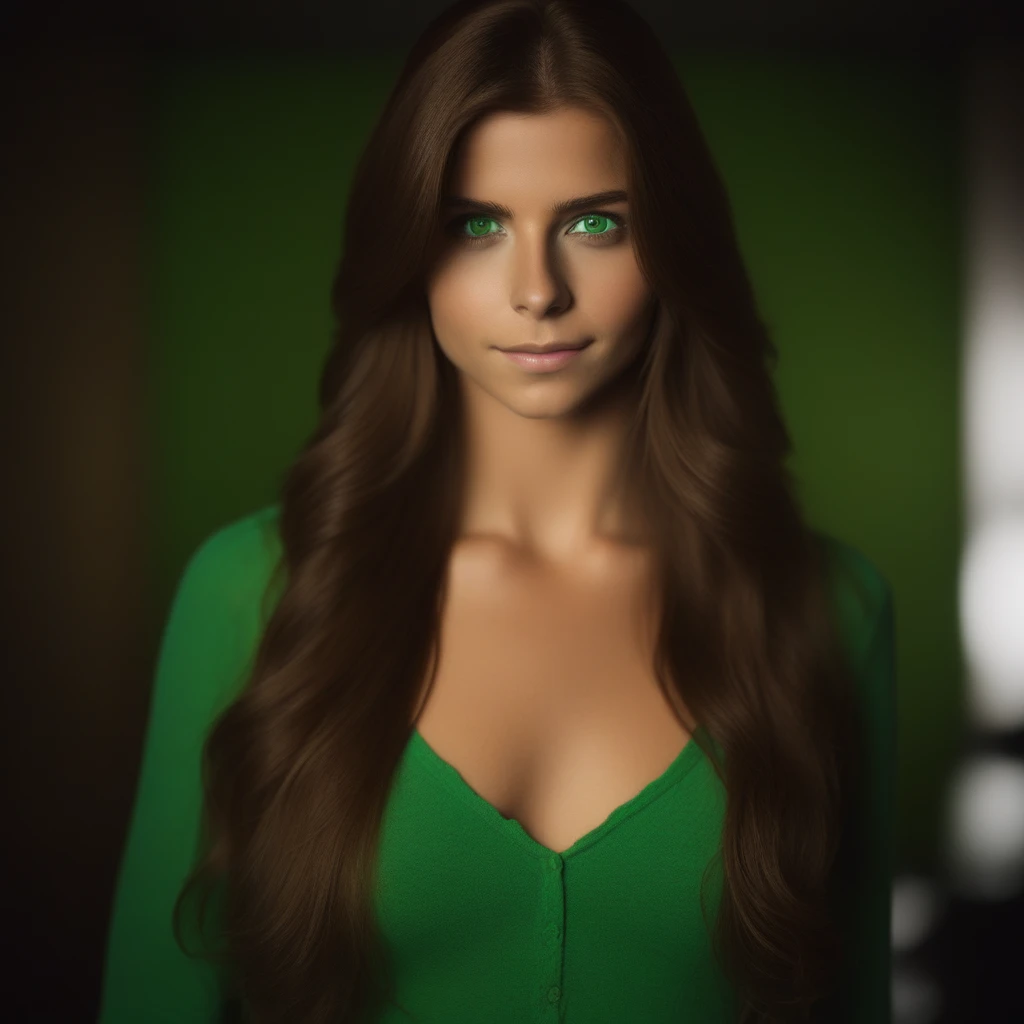 Samantha, brown long hair, green eyes, looking at camera, full body, standing,