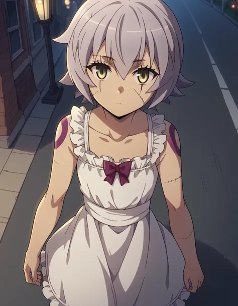 score_9, score_8_up, score_7_up, source_anime, <lora:jack-the-ripper-apocrypha-s1-ponyxl-lora-nochekaiser:1>, jack the ripper, short hair, green eyes, grey hair, tattoo, scar, scar on face, scar across eye, scar on cheek,, dress, bow, bare shoulders, colla...