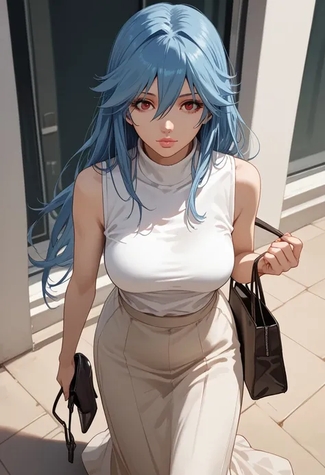 score_9,score_8_up,score_7_up, atsumi_mariko, 1girl, solo, long hair, blue hair, red eyes, brown eyes, lips, hair between eyes, bangs, large breasts, casual1_mariko, sleeveless turtleneck, sleeveless, shirt tucked in, high heels, long skirt, hand bag, hold...