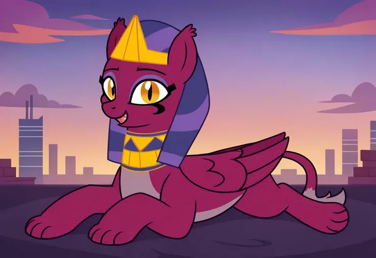 score_9, score_8_up, score_7_up, score_6_up, masterpiece, high quality, detailed, best quality, 1girl, solo, rating_safe, source_furry, (Sphinx MLP:1.2), feral, cute, purple eyeshadow, (Egyptian headdress), (magenta body, light purple body, yellow eyes), (...