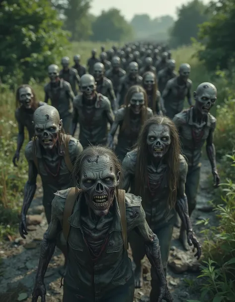 A zombie horde of males and females with varying appearances, some more rotted than others. They are walking towards the camera. In an overgrown landscape, view from above and from a distance (top down), realistic. <lora:zombiecore:0.6> z0mb1ec0re