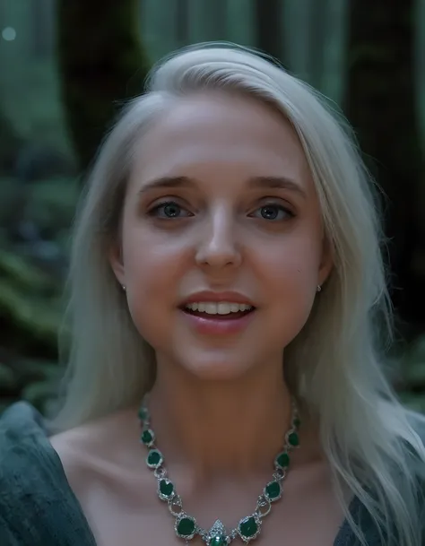 In a dimly lit, enchanted forest at twilight, the camera captures KR1ST1N, a striking woman with cascading platinum blonde hair adorned with intricate silver and emerald jewelry, her piercing blue eyes reflecting an ethereal glow as she stands poised again...