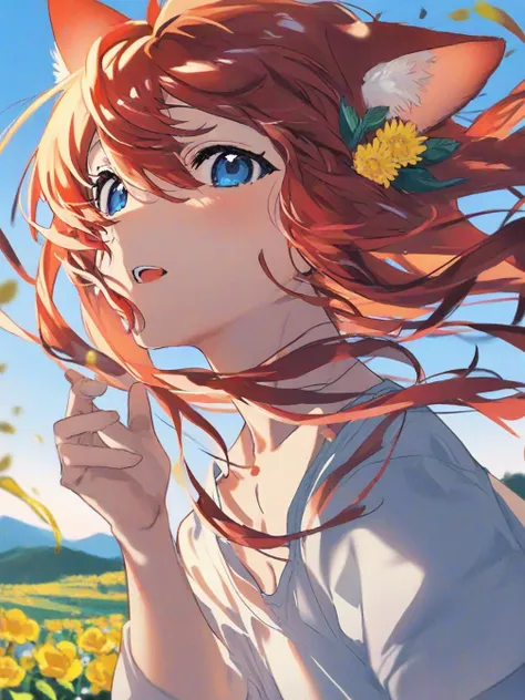 1girl,solo,animal ears,animal ear fluff,cat ears,hair ornament,yellow flower,hair flower,long hair,red hair,hair between eyes,blue eyes,shirt,white shirt,looking at viewer,collarbone,blush,
light smile,looking away,open mouth, hand up,reaching,
outdoors,bl...