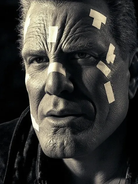 Marv with bandaids black and white closeup face portrait <lora:Marv:0.9>