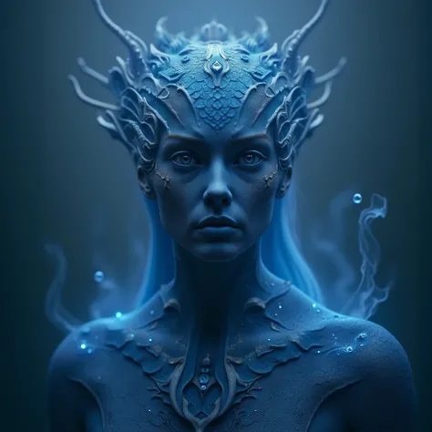 cinematic film still professional 3d model Create an image of a mystical female figure with ethereal blue skin and textured features, positioned against a cracked, barren background. Keep her central in the composition, fully formed, and distinct from the ...