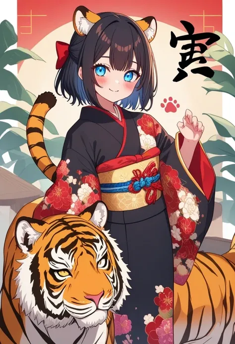 1girl, 
blush, solo, tiger ears, closed mouth, paw print, kimono, obi, new year, happy new year, tail raised, long sleeves, white border, blue eyes, japanese clothes, floral print, tail, cowboy shot, sash, black kimono, standing, wide sleeves, animal ears,...