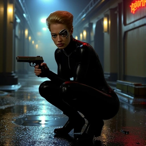 Seven of Nine crouched in a dark, rain-slicked alleyway at night. Shes clad in a skin-tight black latex bodysuit that hugs every curve, accentuating her athletic figure. Her blonde hair is pulled back into a sleek ponytail. Her Borg implants have been modi...