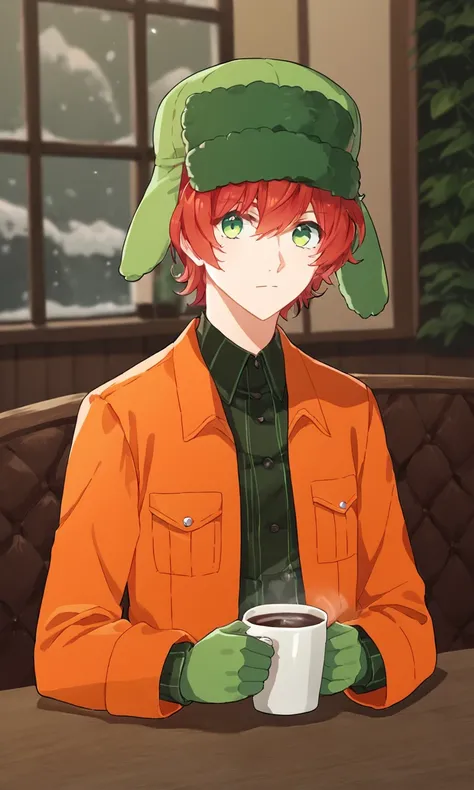 score_9, score_8_up, score_7_up, source_anime, anime illustration, masterpiece, best quality, lots of details, detailed background, BREAK 1boy, solo, 18 years old, femboy:0.1, adult, kylebroflovski, green eyes, gloves, red hair, orange jacket, closed jacke...