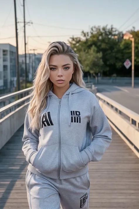 photo of S570_JoJoAustin,a stunning woman,on a (boardwalk),wearing a (tracksuit),(4k, RAW photo, best quality, 50mm, depth of field, ultra high res:1.1),(intricate, photorealistic, cinematic-shot, masterpiece, ultra-detailed:1.1),