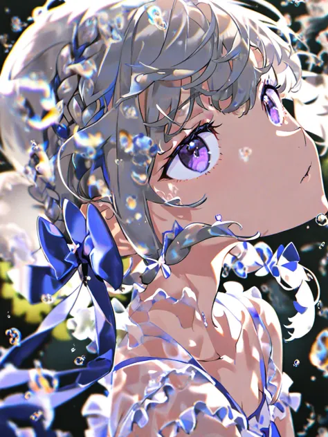 1girl,solo,hair bow,blue bow,twintails,low twintails,braid,long hair,grey hair,purple eyes,short sleeves,white dress,shirt,blue skirt,blue ribbon,see-through,see-through sleeves,collarbone,frills,small breasts,
portrait,underwater,bubbles,light rays,
<lora...