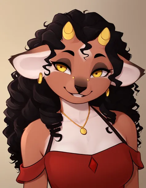 bedroom, 
Kody,1girl,animal ears,furry,furry female,horns,jewelry,earrings,black hair,yellow eyes,piercing,deer ears,long hair,curly hair,
upper body, light smile, parted lips, teeth, red dress, 
<lora:Kody_v01_PDXL:1>,
<lora:add-detail-xl:1>,