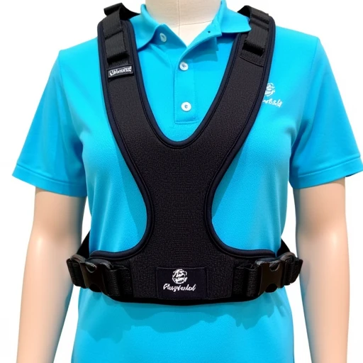 suggesting its made of a soft, This image is a photograph showcasing a person wearing a bright blue polo shirt with a black chest harness. The polo shirt is made of a textured, The image is a photograph of a childs backpack harness designed for carrying a ...