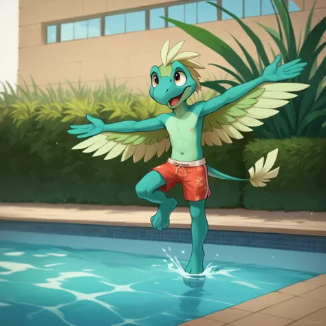 score_9, score_8_up, score_7_up, score_6_up, source_furry, Guidolbt, young anthro, male, Microraptor, green feathers,  standing, on one leg, outstretched arms, swim trunks, by the pool, <lora:1a942e3d-03a2-4ab9-8cdf-faef2f7a5dac:0.7>