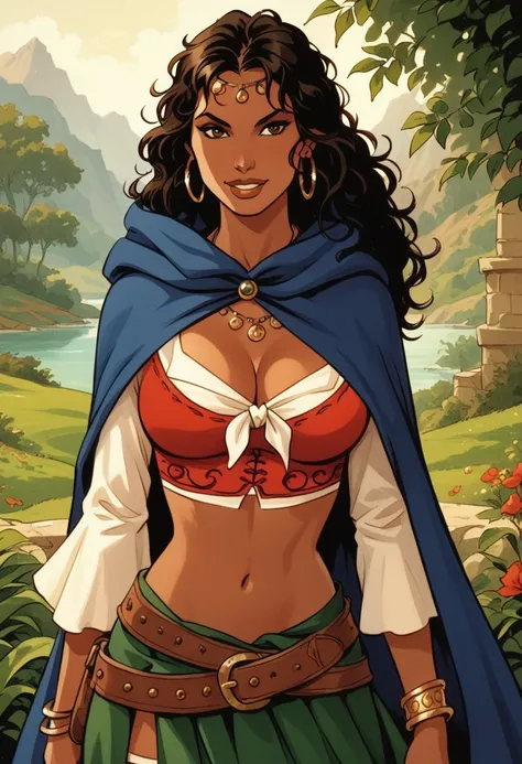 score_9, score_8_up, score_7_up, best quality, masterpiece, mejai,
1girl,
solo,
dark Skin,
dark-skinned female,
Brown eyes,
black hair,
Long hair,
head chain,
Hoop earrings,
blue cloak,
necklace,
bracelets,
crop top,
cleavage,
large breasts,
white bowknot,...