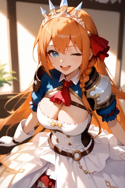 score_9_up,score_8_up,score_7_up,masterpiece,best quality,highres,absurdres,ultra-detailed,illustration,1girl,huge breasts,looking at viewer,cowboy shot,indoors,happy,smile,open mouth,one eye closed,pecorine (princess connect!),blue eyes,hair ornament,hair...