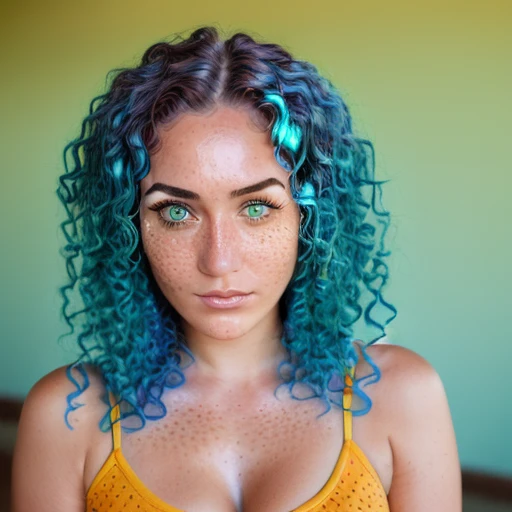 light freckles, blue hair, woman, Blue hair, long hair, Green Eyes, mocha skin