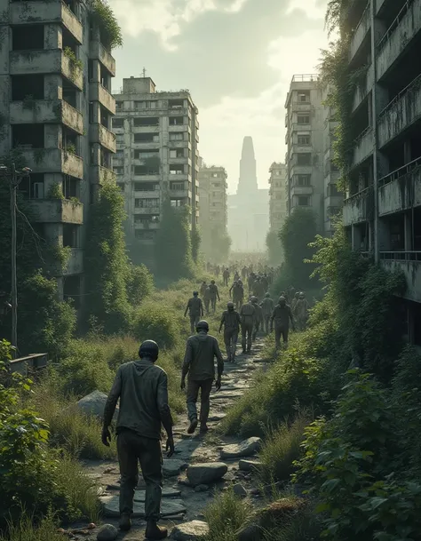 a landscape photo of a small horde. outdoors, a few zombies wandering the overgrown city. a distant, arial view of the post-apoc...