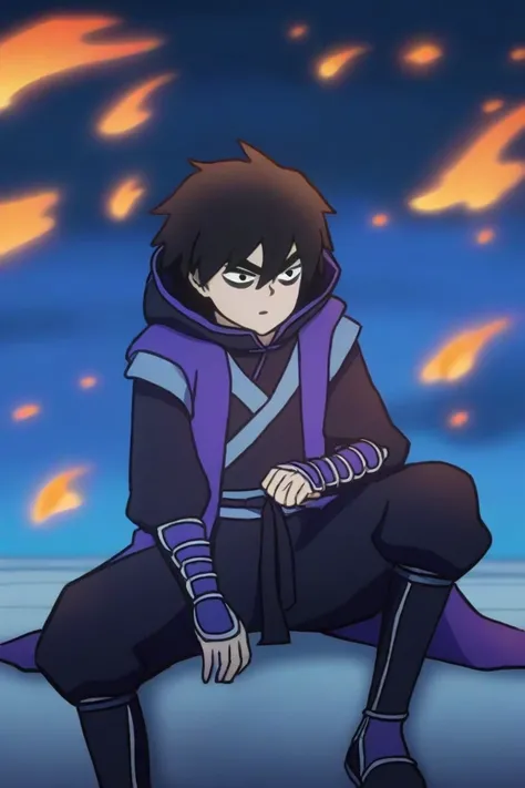 <lora:wuliuqi3in1_ill-xl-000010:1>,qibajiu, 1boy, male_focus, black_hair, sitting, solo, pants, night, hood, black_eyes, outdoors, black_pants, short_hair, black_footwear, hair_between_eyes, sky, boots, fire, hood_down