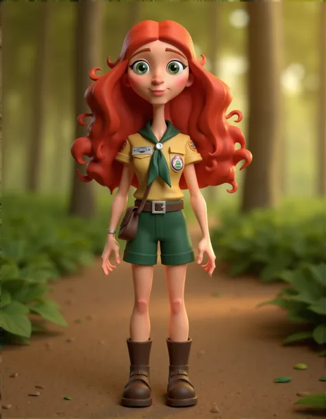 a 3d rendering of cartoon woman half body portrait, red long curly hair, green eyes, in a scout outfit, girl, in a forest throught the woods, goldenhour