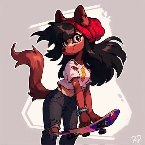 score_9_up, score_8_up, score_7_up, score_6_up, furry female, long hair, female, furry, bangs, black hair, bracelet, brown fur, looking at viewer, solo, smile, happy, three-quarter view, head tilt, beanie, red beanie, standing, gesture, white shirt, t-shir...