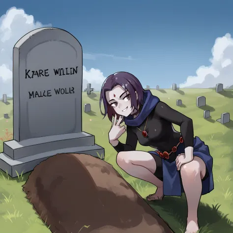 score_9, score_8_up, score_7_up, score_6_up, score_5_up, score_4_up, zPDXL2,source_anime,rating_questionable,   raven, smile, blue sky, clouds <lora:Oliver_Queens_Grave_Meme:0.8> oll13gr4v3, grass, squatting, tombstone