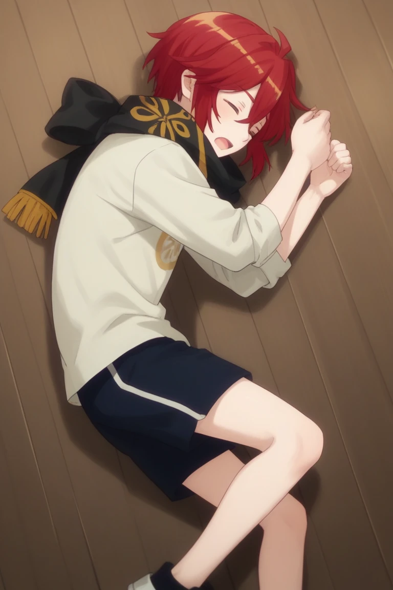 score_9, score_8_up, score_7_up, score_6_up, shinano toushirou, red hair, green eyes, hanamaru style, solo, closed eyes, scarf, on side, open mouth, short hair, 1boy, lying, beige shirt, shorts