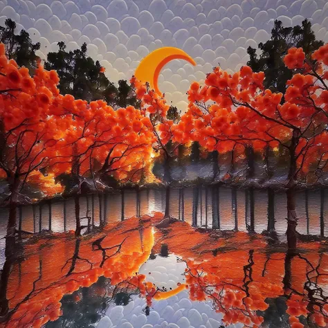 fog, reflection, light rays, landscape, orange sky, reflective water, full moon, nature, crescent moon, red flower, sky, traditional media